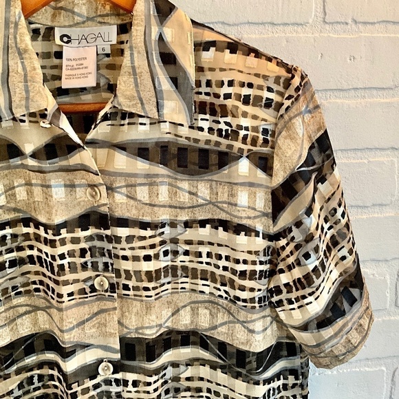 Vintage Women’s Button down sheer MCM Print Mobwife Cream Black Sz 6 - Picture 4 of 7